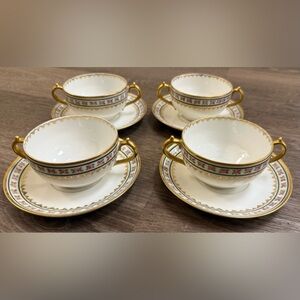 GDA Limoges Rose Print Handled Soup Bowl and Saucer Set Of 8. Made In France